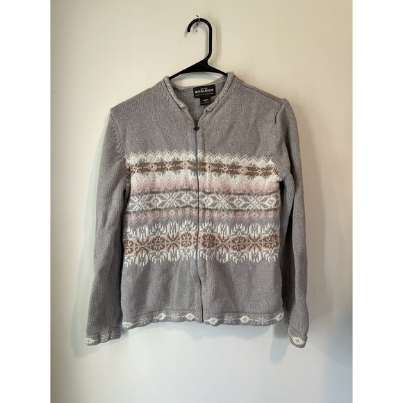 Woolrich Sweaters - Woolrich Cardigan Sweater Zip-Up Fair Isle Snowflake Women Gray Pink Stripe‎